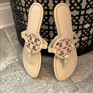 Tory Burch Cream Sandals with Medallion Detail